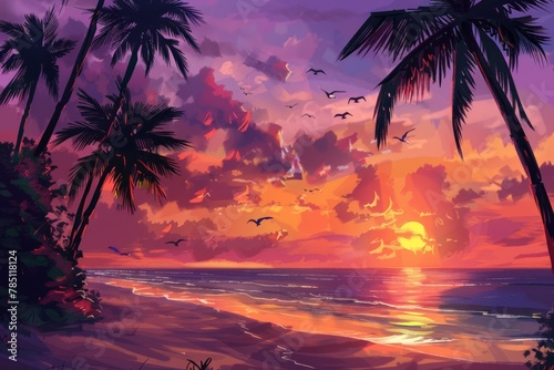 Sunset painting with palm trees and birds. Tropical paradise scenery