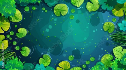 Water lily pad on swamp or lake top. Background with lotus leaves, duckweed and green waterlily plants, cartoon modern illustration with nenuphars.