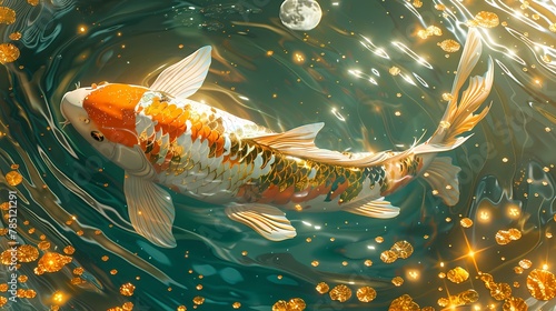 Golden glitter koi fish in pond illustration poster background