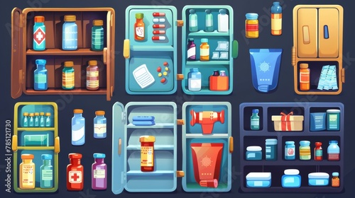 Medicine cabinet, cupboard with pharmacy drugs and pills. Modern set of open and closed cabinets with tablets, vitamins, and medications.