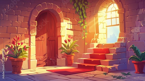 In a castle interior with arched wooden doors, potted flowers, stone steps with a red carpet and brick walls, light streams through a window, the entrance to a palace with sunlight falling through