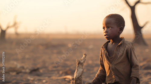 A poor, beggarly, hungry child in Africa, thirsty to drink water against the backdrop of dried trees where there is no life.