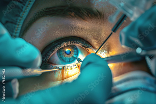 Close-up image of a patient's eye undergoing a precise surgical procedure, with a surgeon's hands using microsurgical instruments.