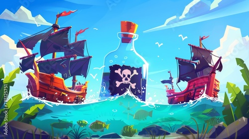 Cartoon pirate banner, ship with black sails and Jolly Roger, battleship deck, bottle with map floating on ocean waves. Filibusters adventure game, party invitation cards Modern illustration, set of