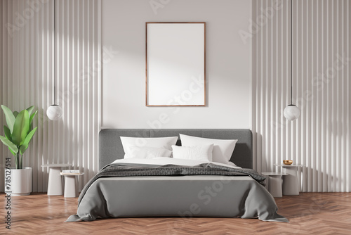 Bedroom interior with a bed, bedside tables, lamps, a plant, and a blank poster on a wall, modern style, light tones, concept of home decor. 3D Rendering
