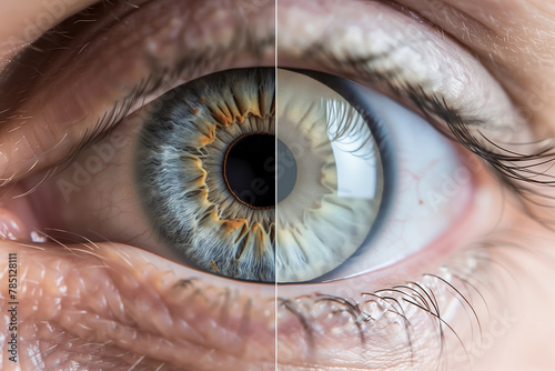 Split image of a normal human eye and cataract condition.