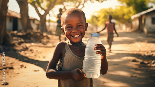 Poor, beggar, hungry smiling dark-skinned child in Africa thirsty to drink water from a plastic bottle.