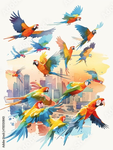 A group of vibrant parakeets cartoon character flying over cityscape, watercolor illustration
