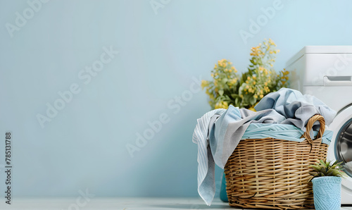 laundry clothes pile in a wicker basket at bathroom, Generative AI