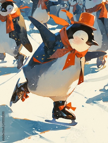 Penguins cartoon character ice skating gracefully in a figure skating competition, complete with costumes, watercolor illustration.