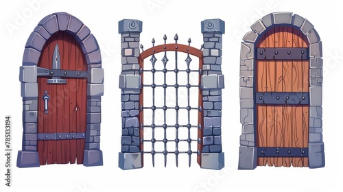 An ancient wood gate with metal lattice on a white background. Ancient wooden gates with stone brick arch and iron portcullis, modern cartoon illustration.