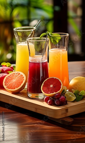 Fresh fruit juices in a glass on a wooden background