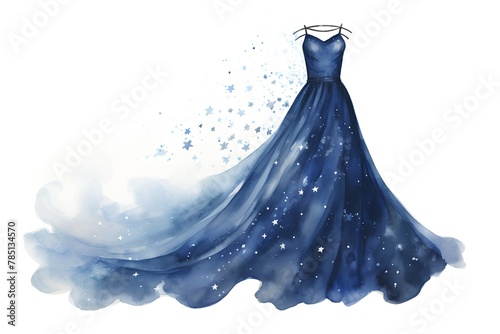 Watercolor illustration of a blue dress on a white background with stars