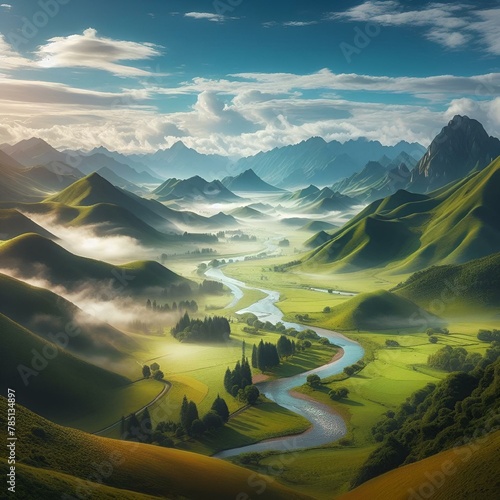 AI generated illustration of a mountain valley landscape with fog, grassy slopes
