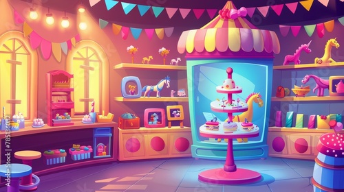 The interior of a toy store with shelves cartoon background. Magic modern carousel shelf showcase with kid gift collection. Illustration for business kids supermarkets, toyshops for happy children.