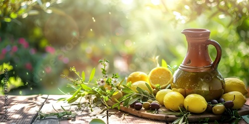 a handcrafted ceramic jug filled with olive oil, nestled among a selection of lemons, olives, herbs.