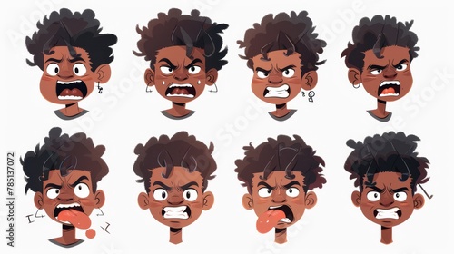 An illustration of African American teen boy lips sync collection, speech constructor, sad and angry emotions. Modern cartoon illustration of male lip sync.