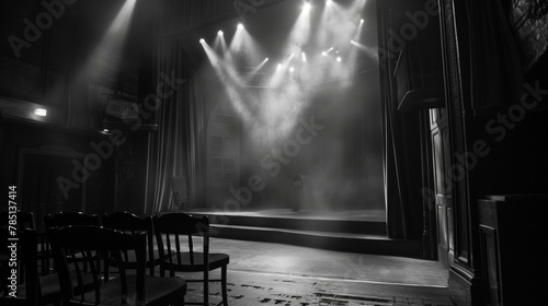 empty stage with smoke rising out of the windows and chairs at the front