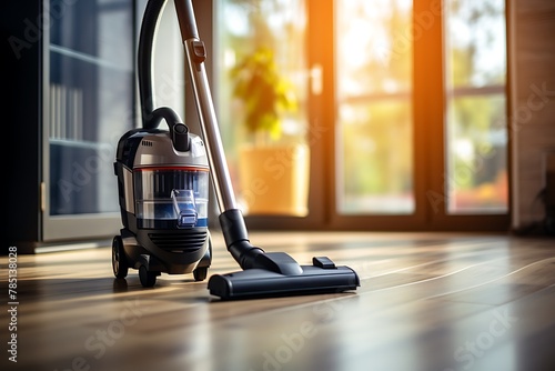 Vacuum cleaner on the wooden floor in the living room.