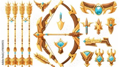 This cartoon modern set shows an archery bow and arrow of different complexity as a visual element for the UI level rank of the game. The digital version is a set of wooden and metallic archers with