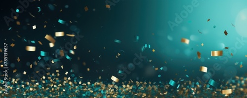 Cyan background, football stadium lights with gold confetti decoration, copy space for advertising banner or poster design