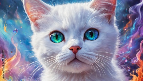 AI generated illustration of a white cat with blue eyes engulfed in flames