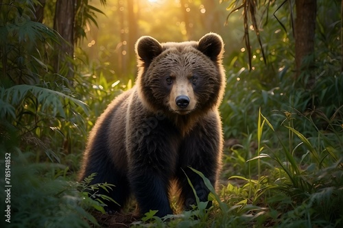 a grizzly bear in the woods near some tall trees