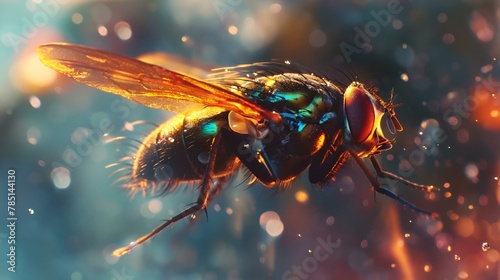 a large fly with many blue and orange colors on it's face