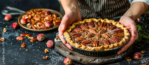 Pecan Pie is a classic American dessert made with a flaky pie crust filled with a sweet and gooey mixture of pecans, eggs, butter, and sugar, often flavored with vanilla and a splash of bourbon or rum