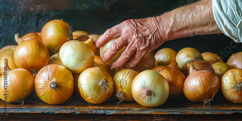 a hand grabbing a yellow onion from a pile on the table