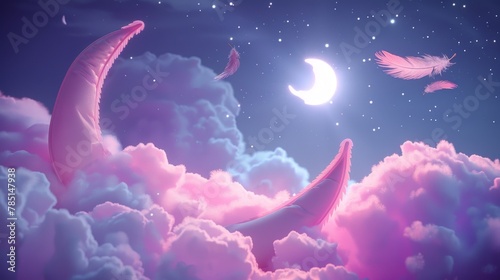 Unisex sanitary pads poster ad. Three dimensional illustration of the sanitary pad over a glossy crescent moon with a feather and clouds in the night sky. Cotton pads for nighttime use with absorbent