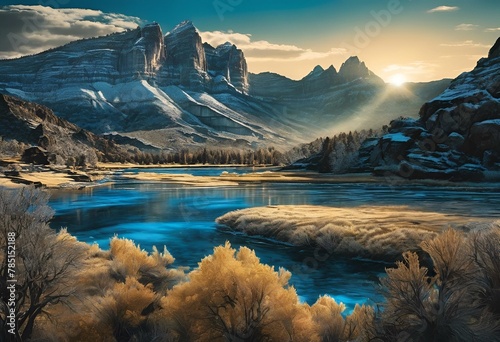 an image of the sun going down over the mountains by the river