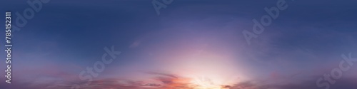 Dark Sunset sky panorama with glowing pink Cirrus clouds. HDR 360 seamless spherical panorama. Full zenith or sky dome in 3D, sky replacement for aerial drone panoramas. Climate and weather change.