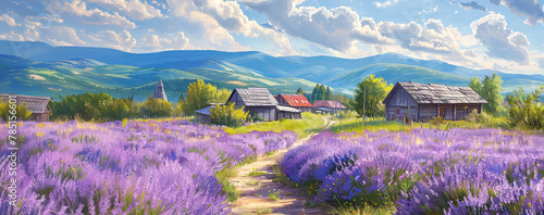 Purple lavender flower blossom field in countryside. Nature concept.