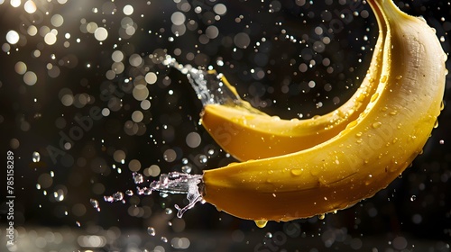 Closeup fresh banana hit by splashes of water with black blur background 