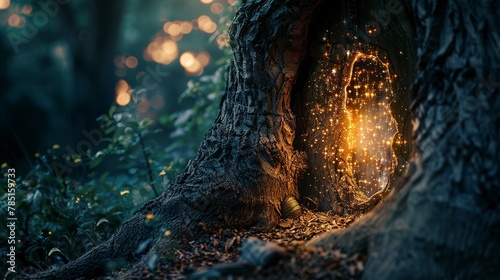Magical portal in tree trunk, close-up, low angle, blurred forest, twilight, realm entrance 