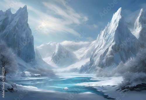 AI generated illustration of a snow-covered frozen mountains in winter with flowing water