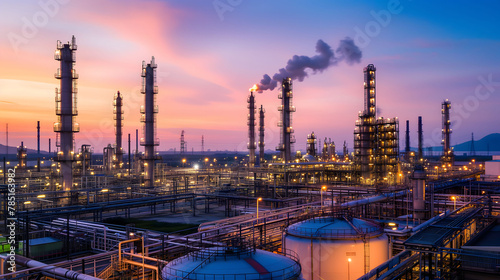 Oil​ refinery​ and​ plant and tower column of petrochemistry industry in oil​ and​ gas​ ​industrial with​ sky the sunset background​