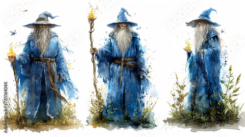 Watercolor scene of a wise old wizard conjuring a spell with summer fireflies dancing around him Isolated on white background clipart isolated on white background clipart