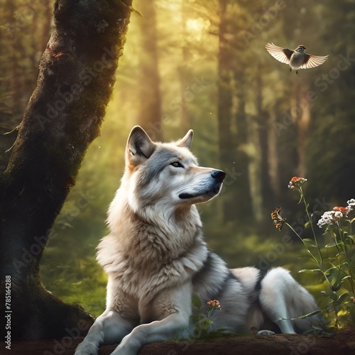 a large wolf laying down in a forest, with flowers