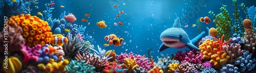 Underwater crochet amigurumi adventure scene with a shark and colorful coral reef, deep blue sea backdrop , cinematic