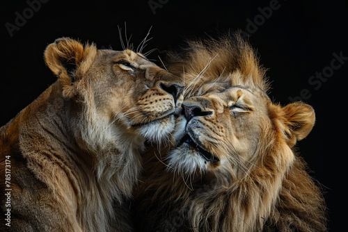 Two Felidae carnivores are affectionately nuzzling on a black background