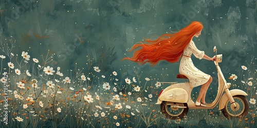 The charming illustration features a young red-haired girl riding a magical scooter through nature.