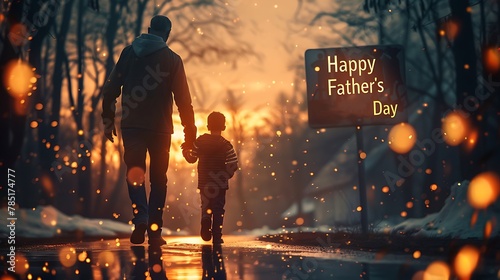 A boy walks with his father on father's day