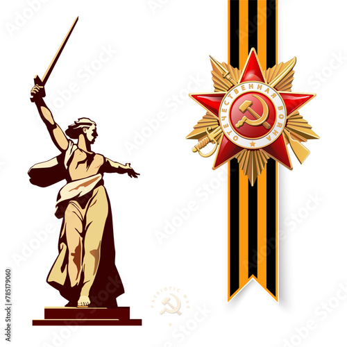 May 9th. Happy Victory Day! Order of the Patriotic War gold star, St. George's ribbon. Translation of Russian inscriptions: Battle of Stalingrad, Sculpture, motherland is calling. Vector illustration