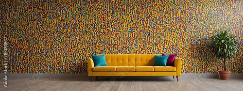 Yellow two-seater sofa on a background of colored ceramic tiles for home interior or ceramic tile design. Mid century interior design of modern living room