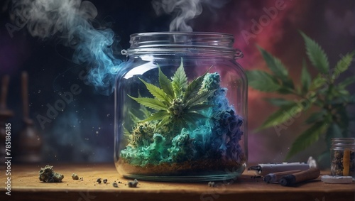 Marijuana flowers in the jar with colorful smoke