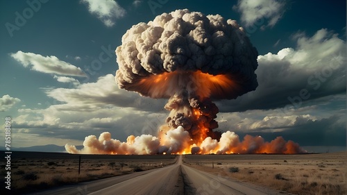 Explore the haunting aftermath of a nuclear detonation, as a mushroom cloud looms over a landscape forever changed by the unleashing of a weapon of mass devastation.