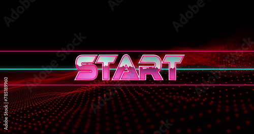 Image of start text in metallic pink letters with lines over mesh
