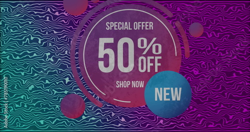 Image of special offer 50 percent off text, on circles, over pink and blue undulating background